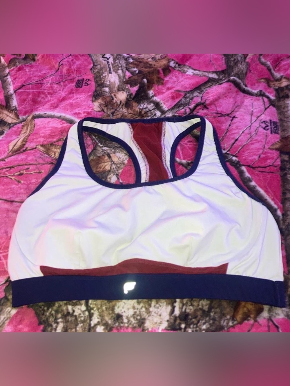 Fabletics White & Burgundy Racerback Sports Bra - Women Intimates